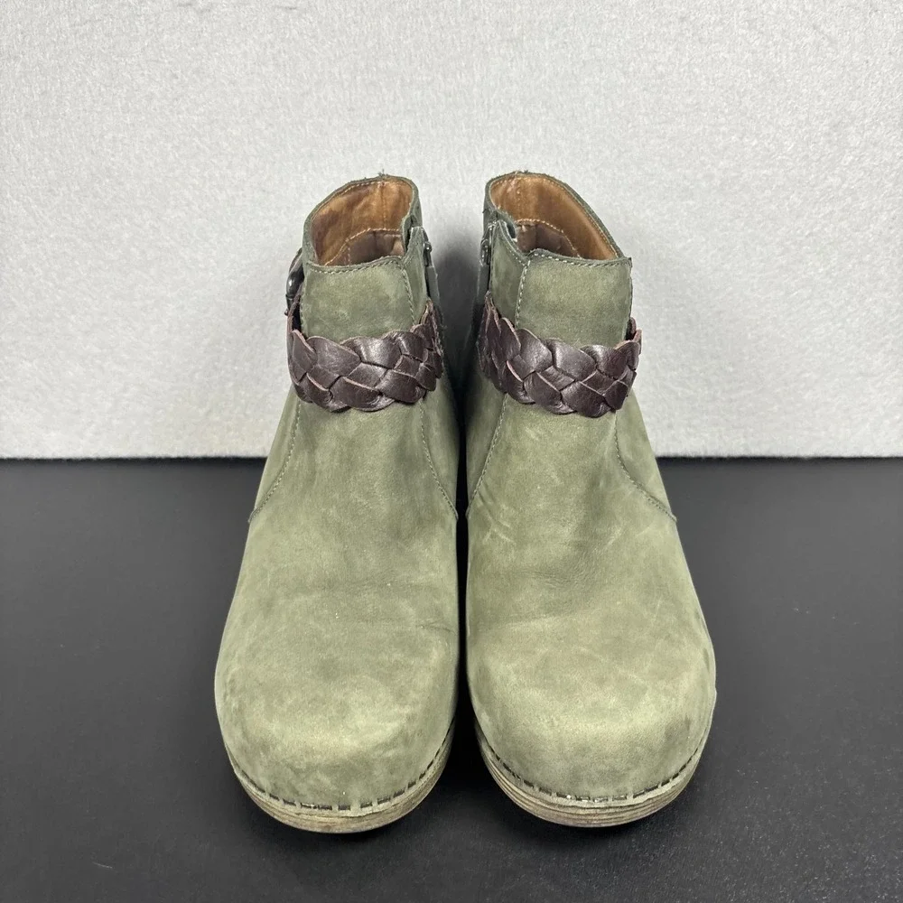 Dansko Michelle Green Nubuck Leather Ankle Booties Boots EU 38 US 7/7.5 Side Zip